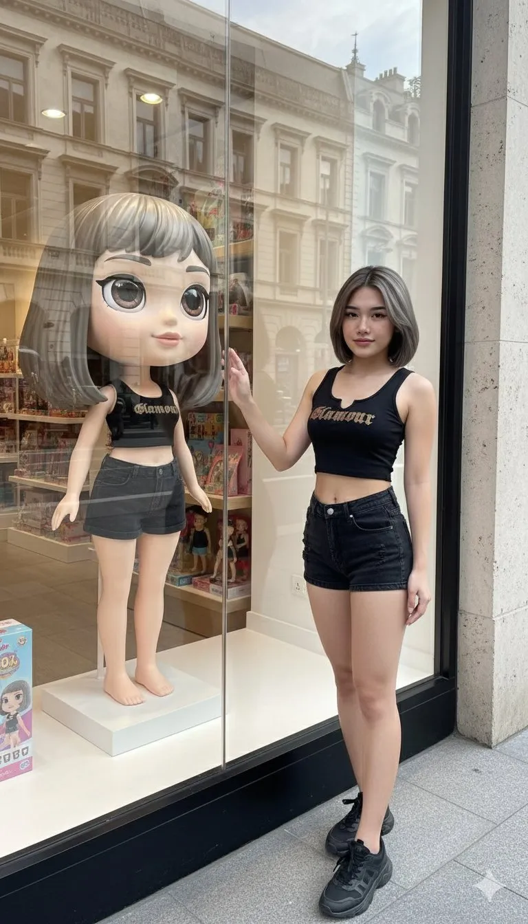 Banana prompt for animated cartoon doll in toy shop window display
