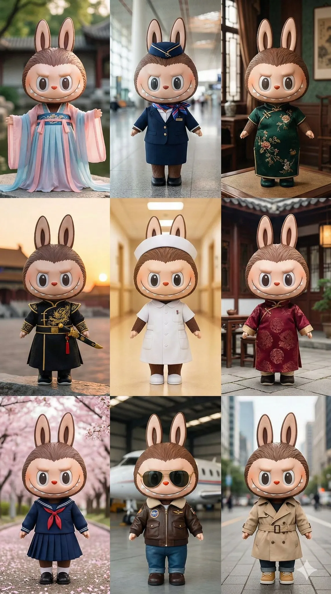 Banana prompt for Labubu 3x3 grid costume collage photo