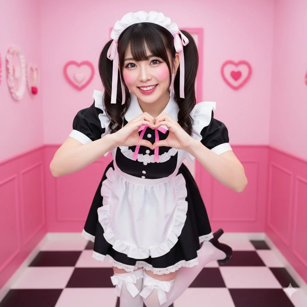 Z-Image Prompt - Twin-tails girl making heart gesture maid cafe style