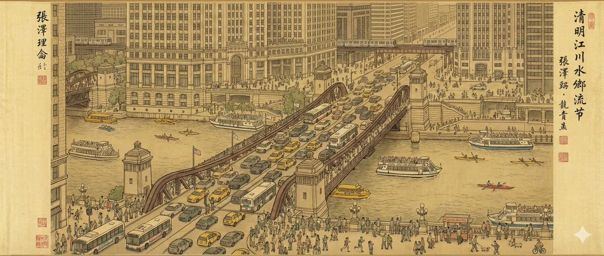 Z-Image Prompt - Modern Chicago riverfront Qingming Festival scroll style